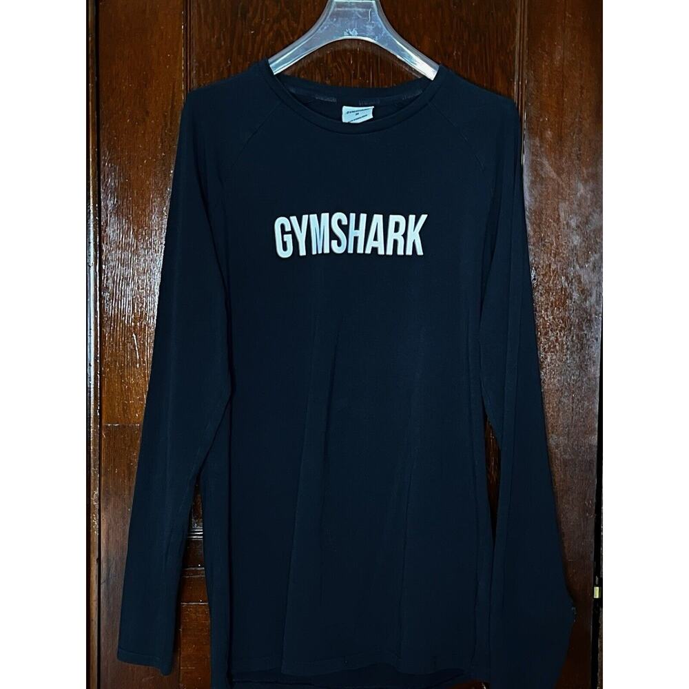 GYMSHARK SHIRT LOGO LONG SLEEVE COTTON STRETCH TOP BLACK WHITE MEDIUM M